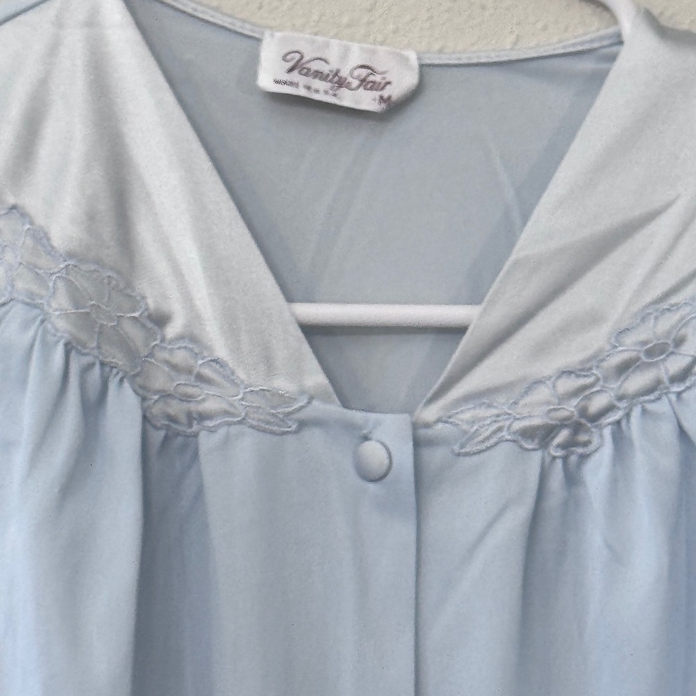 Vintage Vanity Fair Pajama Set Blue Nylon Lace Trim Button Front Size M USA Twee